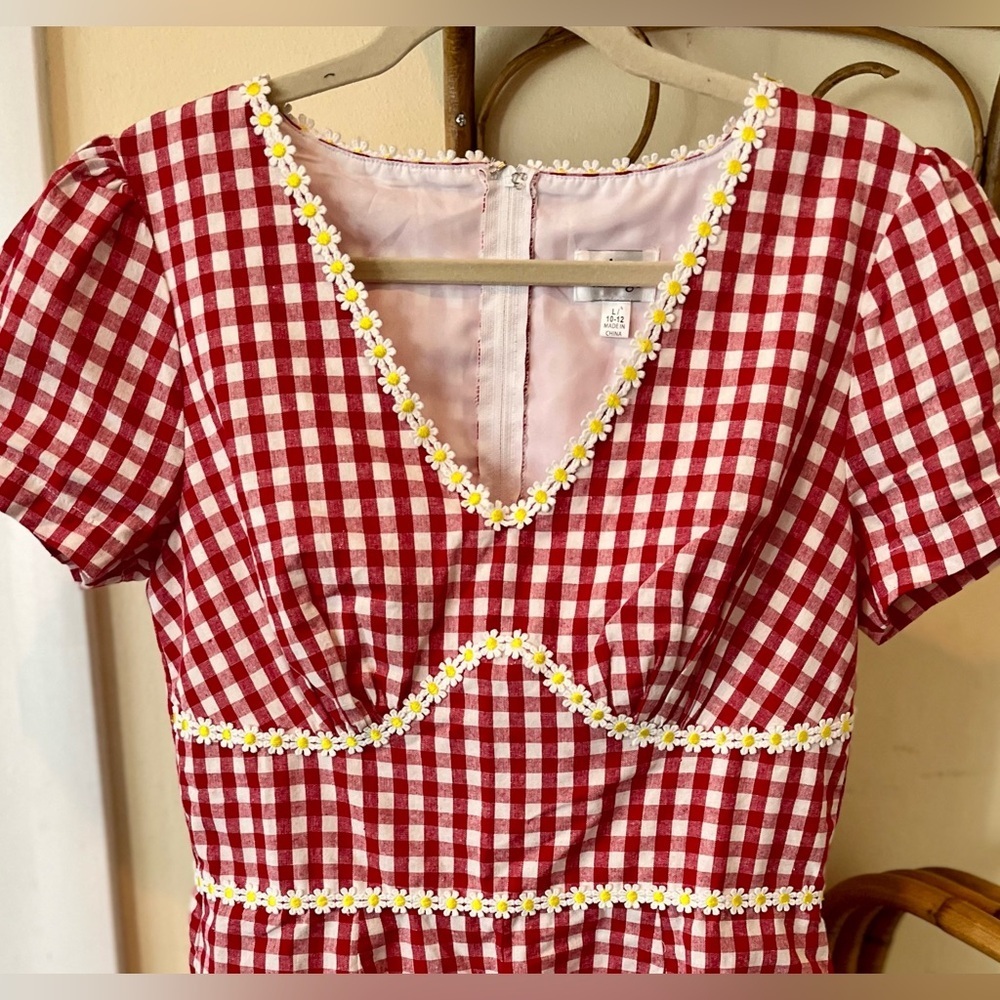 Romper Unique Vintage Shorts Red White Gingham Check Daisy Trim Size L10-12 - Picture 3 of 7